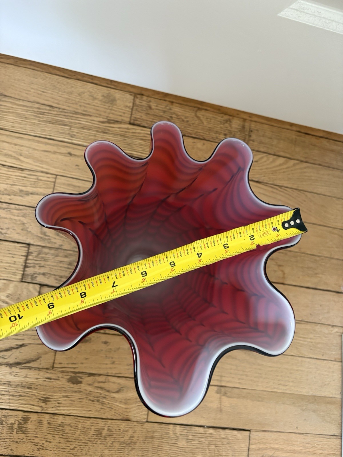 Vintage Handkerchief Wave Vase Murano-Style, Red & Black, Hand Blown Glass 12in