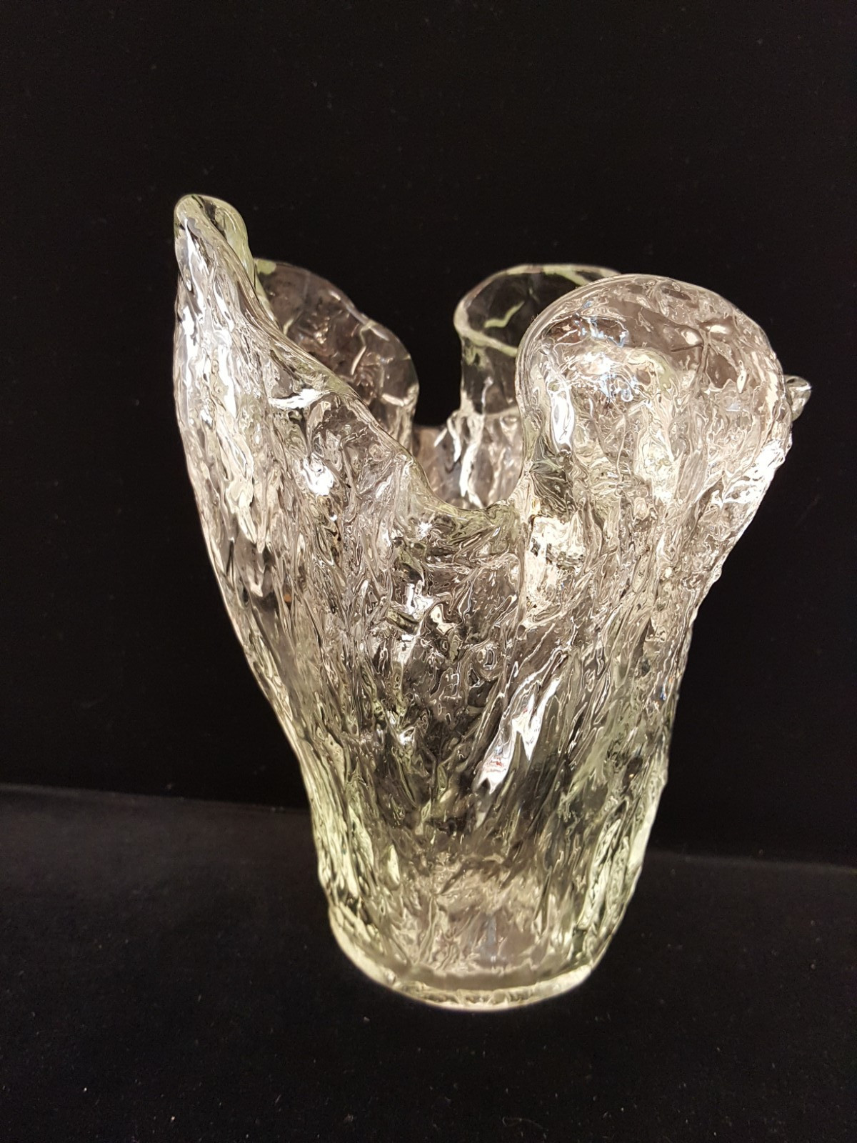 Vintage modernist abstract organic hand blown art glass vase clear 7 3/8″ tall