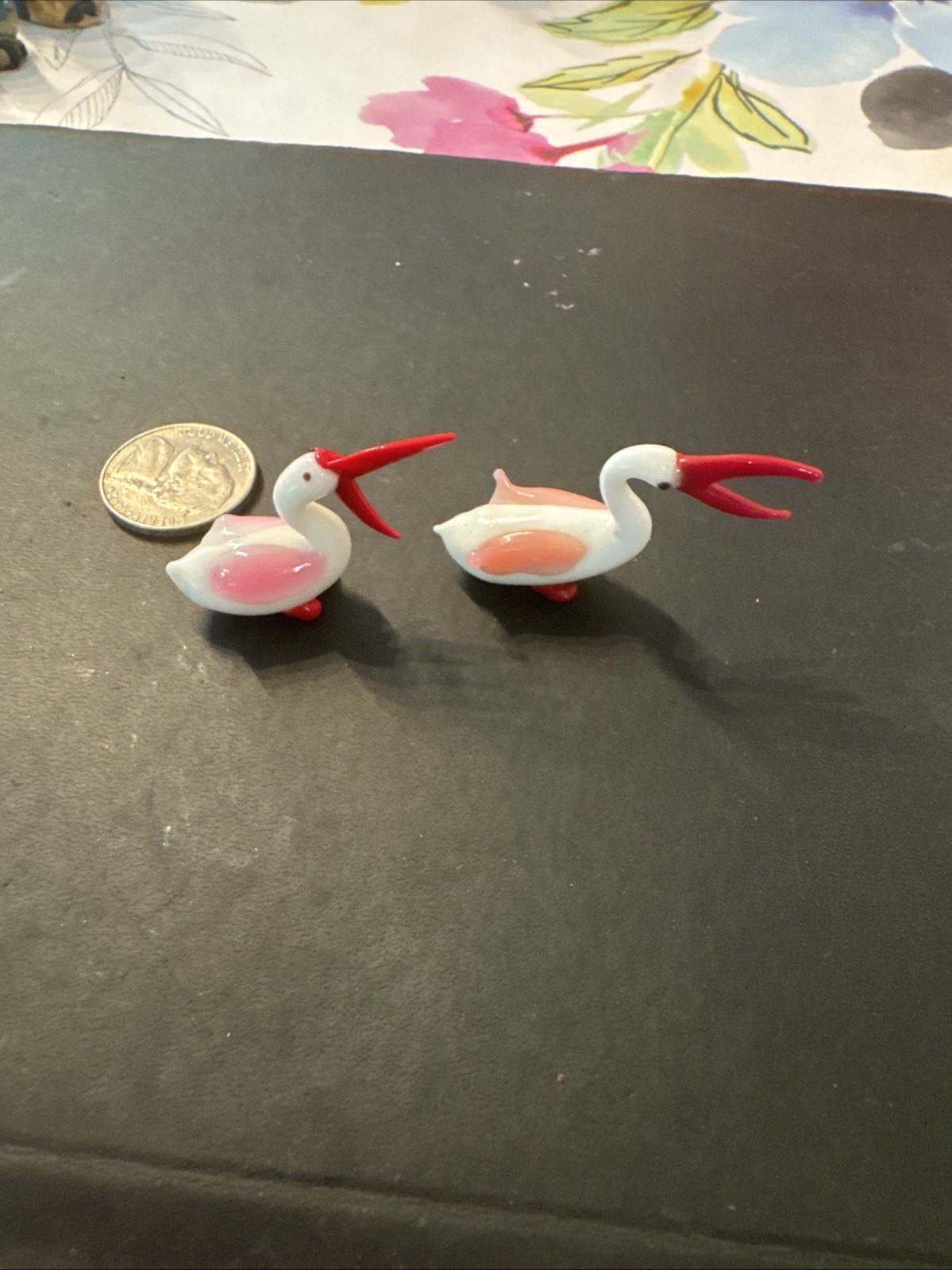Mid Century Miniature Blown Glass Pelican Bird Figurine Pink Set of Two 2