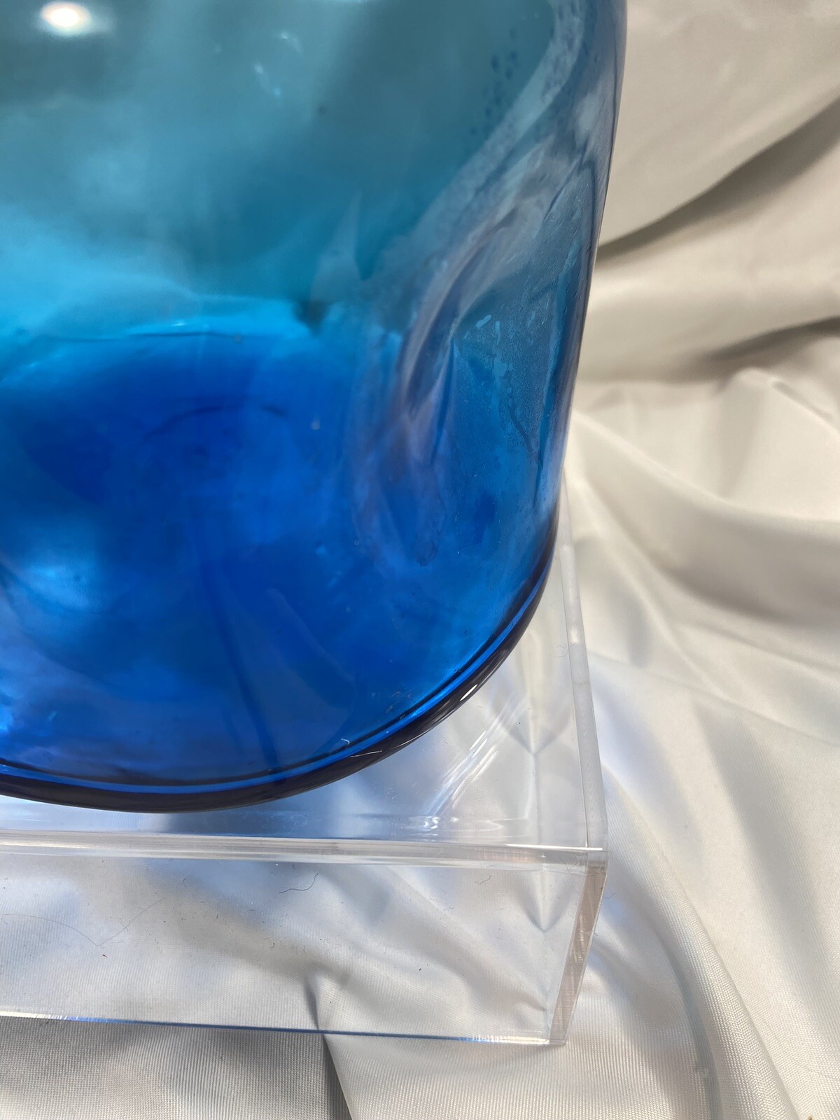 Mid Century Modern Blue Long Narrow Neck Hand Blown Art Glass Vase Tall Vintage