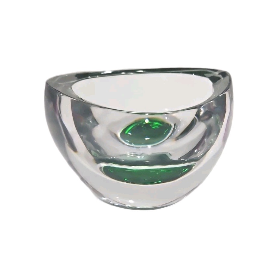 Vintage Murano Style Sommerso Hand Blown Heavy Glass Emerald Green & Clear Bowl