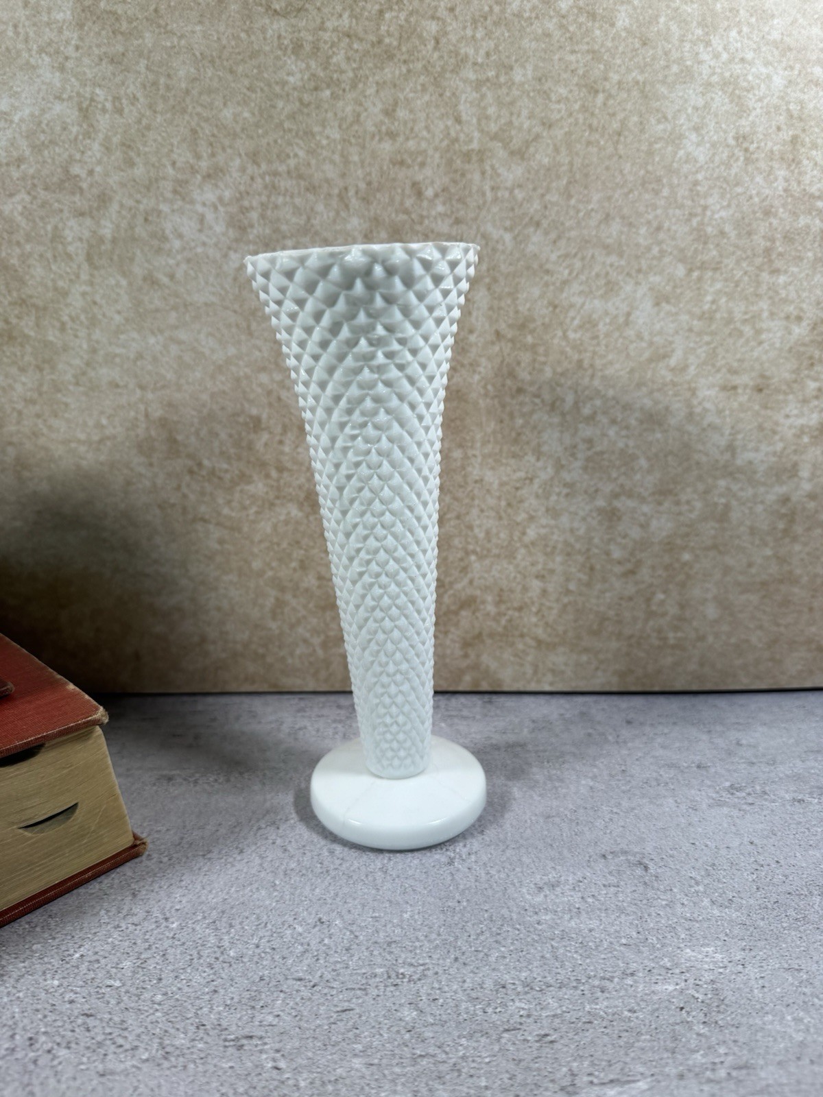 Vintage White Milk Glass Hobnail Bud Vase Footed 8” Diamond Pattern