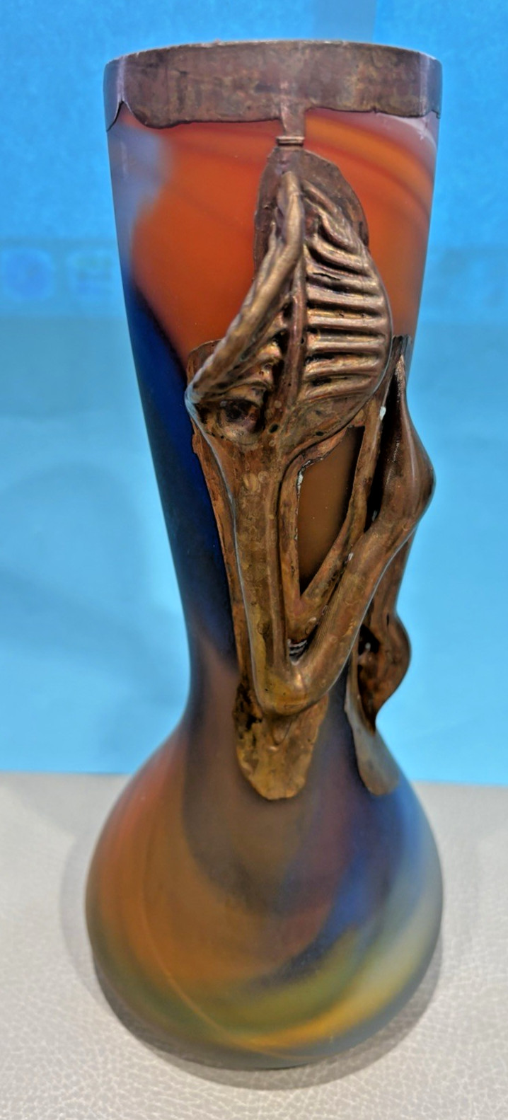 Hand Blown Satin Art Glass Multi Colored w/ Copper Leaf Plant – Vase 9” Tall