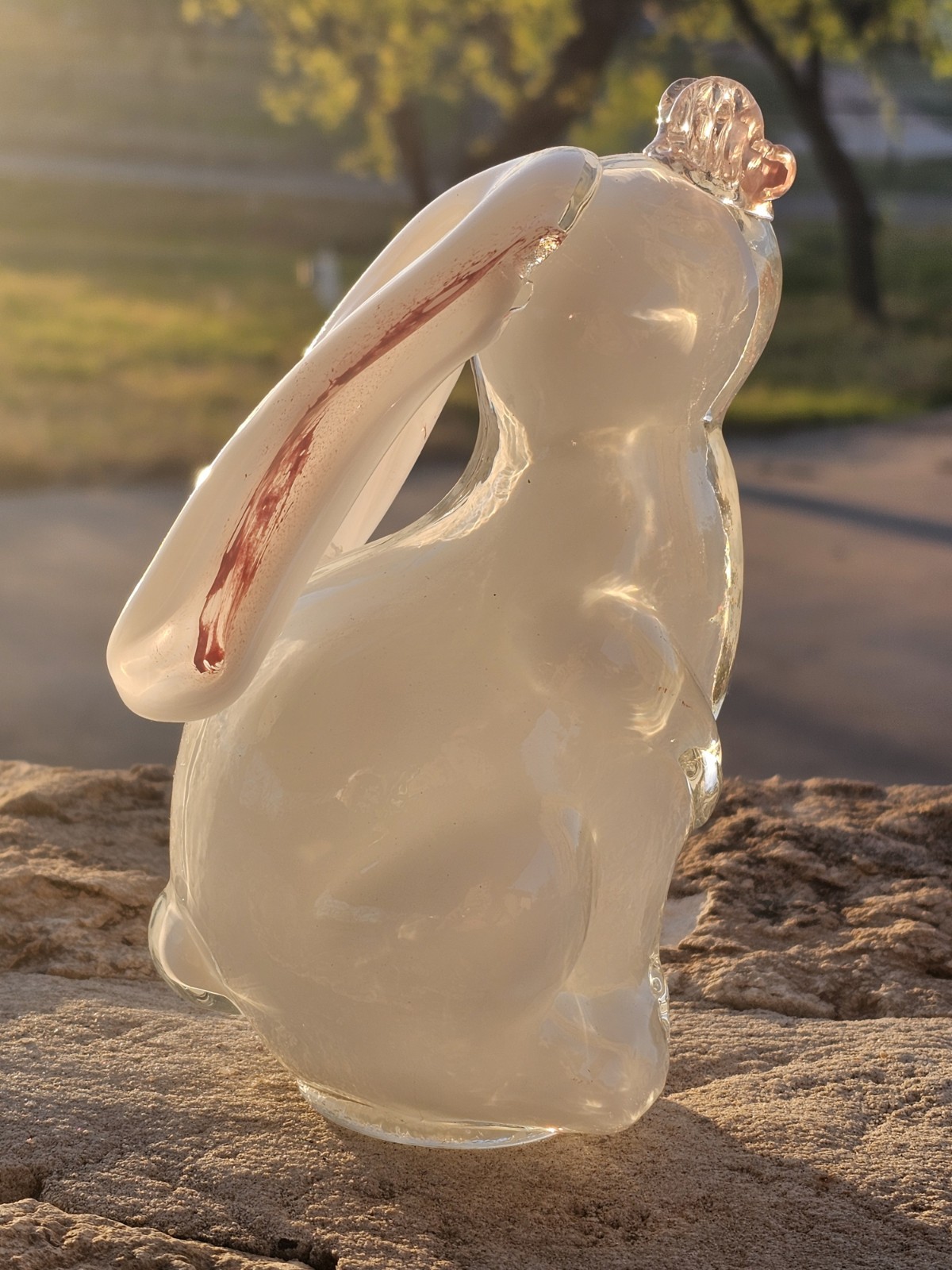 Vintage Sommerso Art Glass Bunny & Butterfly Figure Easter Spring White Pink EUC