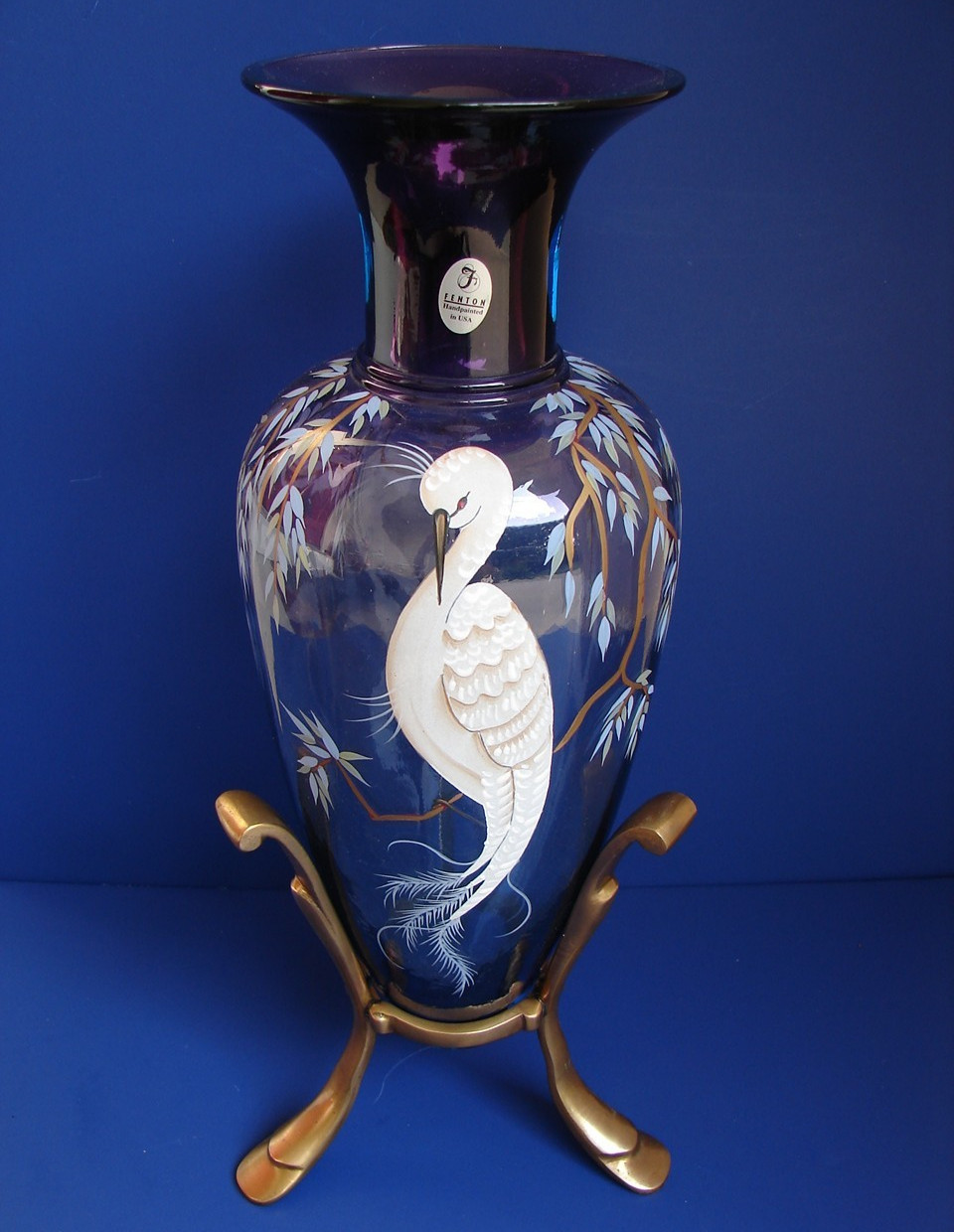 Fenton Art Glass Mulberry Blue Mystical Bird Amphora Vase 1999 Signed 575/1250