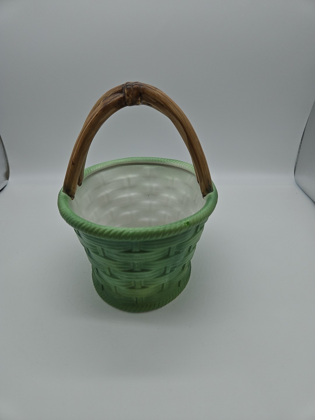 Vintage Porcelain Green Basket With Brown Porcelain Handle