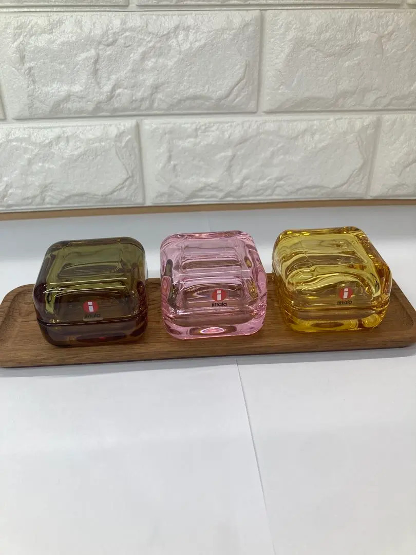 Iittala Vitriini Yellow Pink Rose Olive Trinket Box 6cm x 6cm 3 Set Rare Used FS
