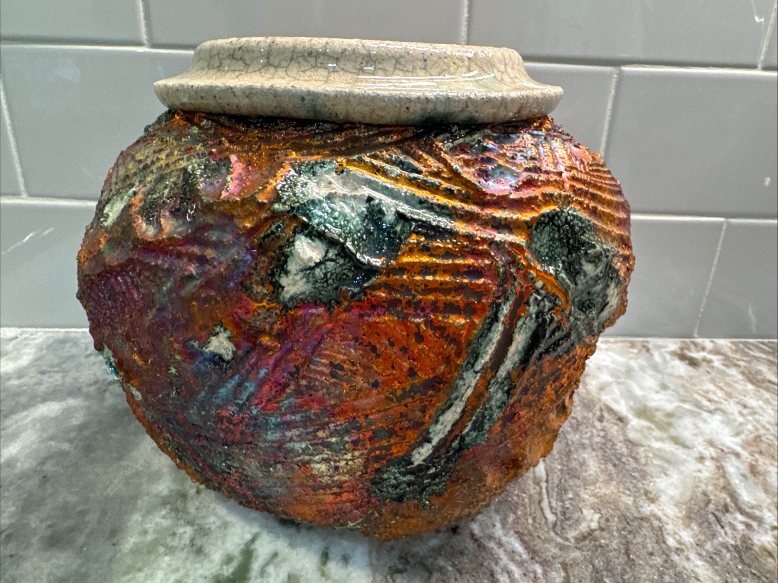 Bruce Odell Studio Pottery Raku Iridescent Vase, 2012 Signed, 5.75”x6.25” PO-LN