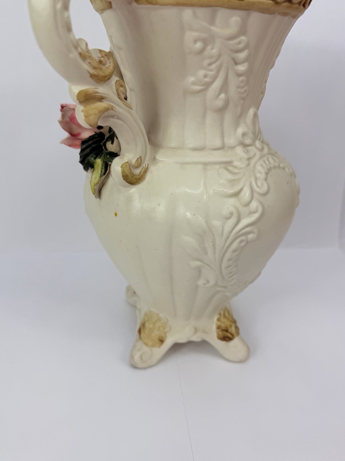 VINTAGE CAPODIMONTE DOUBLE HANDLE FOOTED VASE 10” ROSES Pink and Yellow
