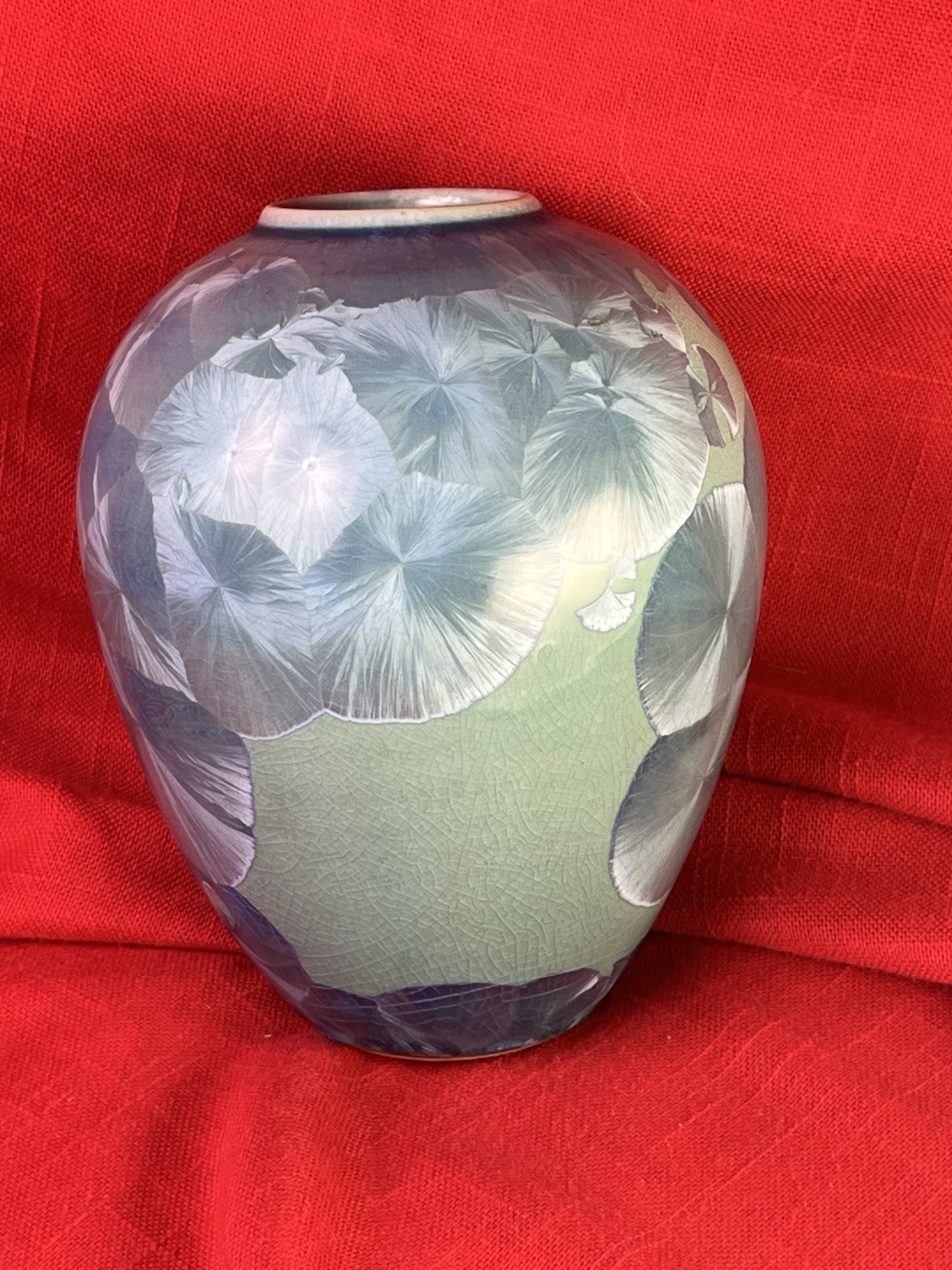 Crystalline Glaze Ceramic Art Pottery Vase Round Signed Blue Green Celadon Art