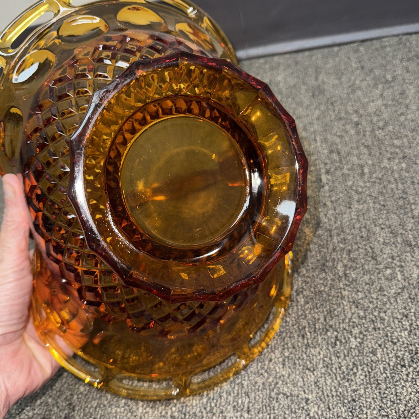 Vintage Pitman Dreitzer Colony Large Open Lave Edge Amber Glass Basket Handle