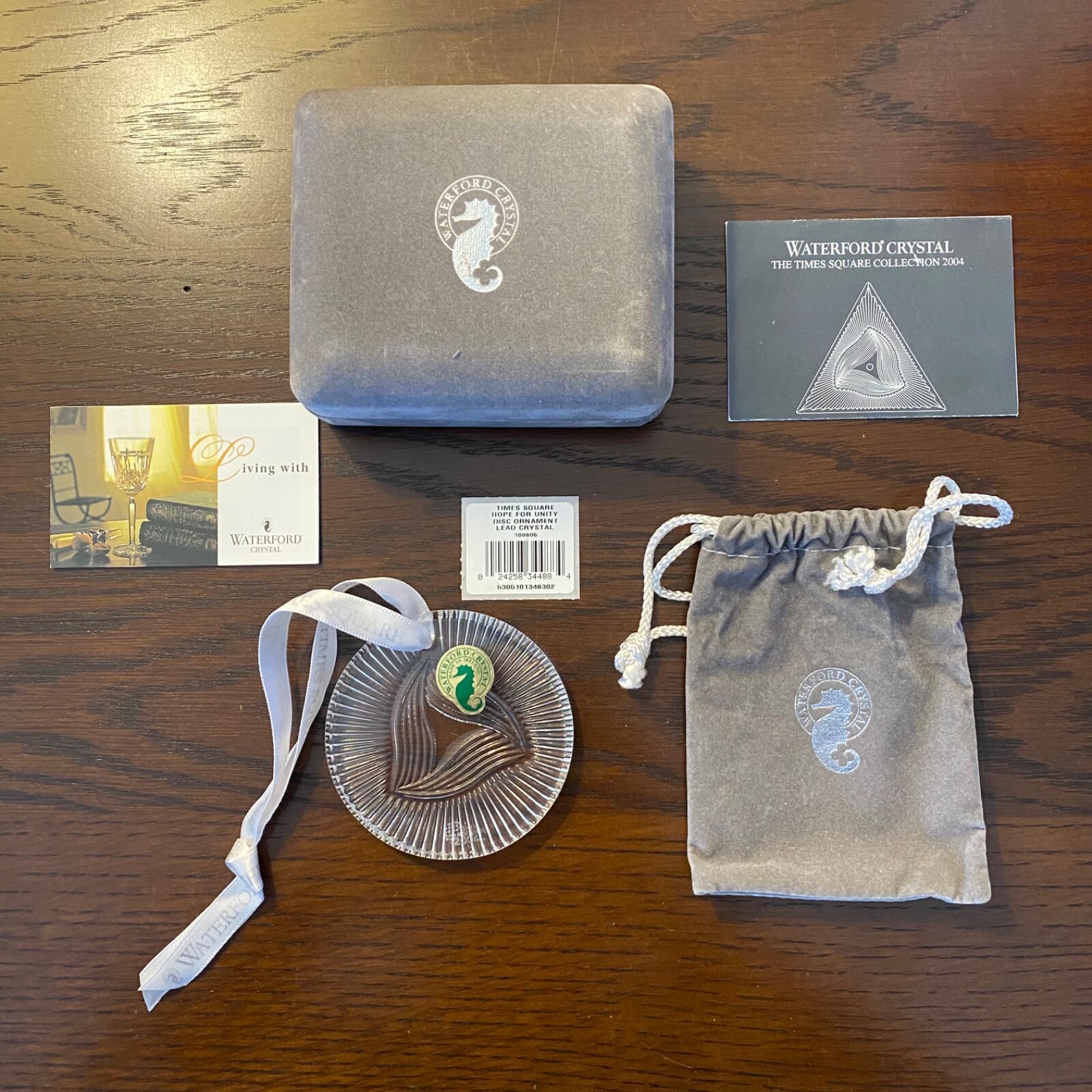 NIB Waterford Crystal Times Square Hope For Unity Disc Christmas Ornament Ribbon