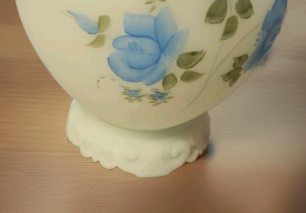 VTG Fenton Aqua Satin Glass Ginger Jar on Pedestal Hand Painted & Signed Florals