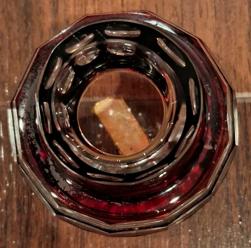Beautiful Vintage Faceted Inkwell 2 Piece Top Clear Glass Dome Bottom Ruby Color