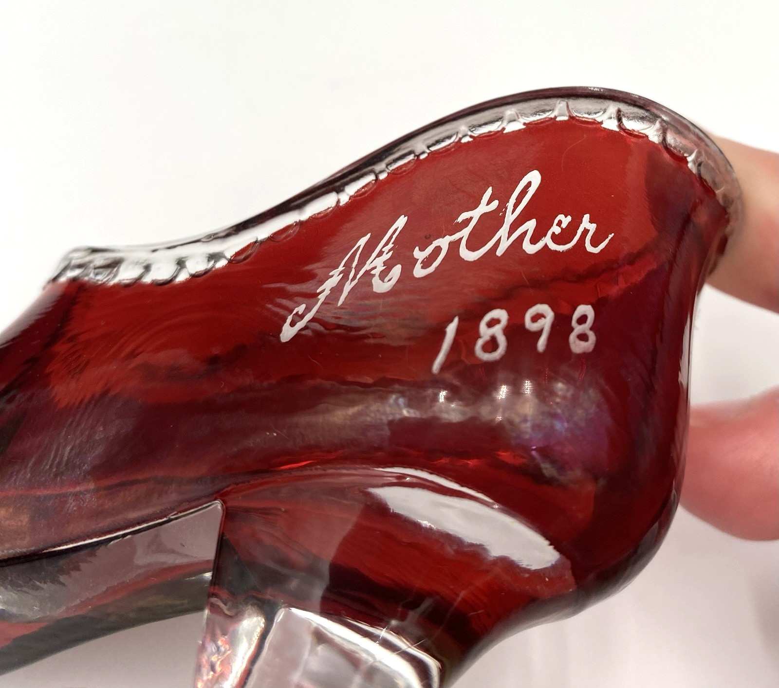Antique EAPG U.S. Glass (Pittsburgh) Lady’s Slipper, Ruby Stain, “Mother 1898”