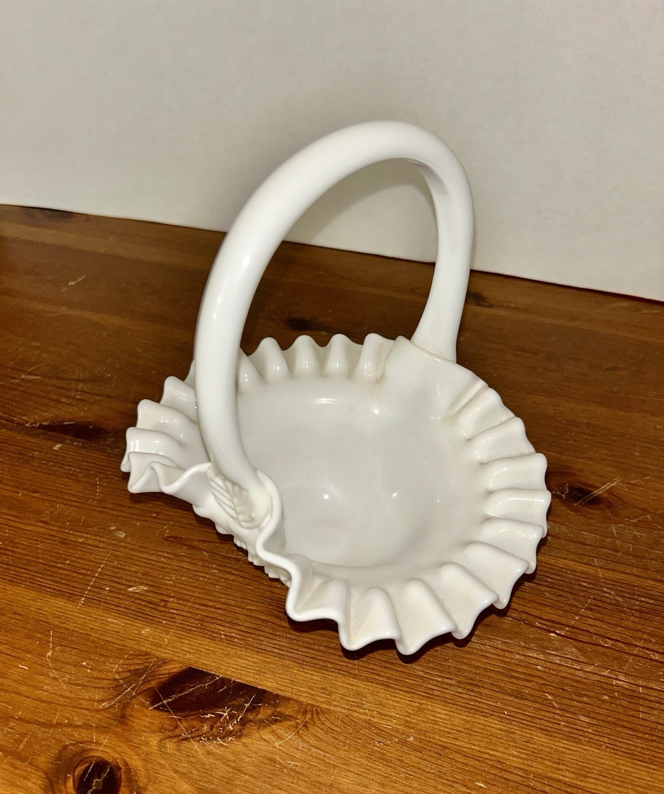 White Milk Glass Hobnail Pattern Ruffled Rim Basket 9”
