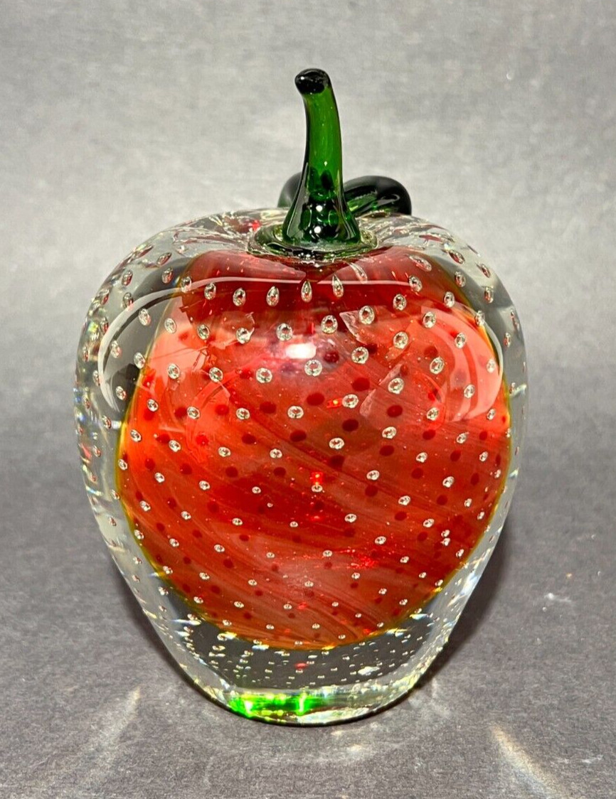 Apple Paperweight Art Hand Blown Glass Cased Clear Red Handcrafted Bubbles Glows