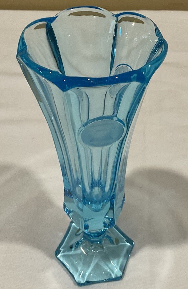 Vintage Fostoria 8” Blue Coin Glass Bud Vase, Excellent Condition!