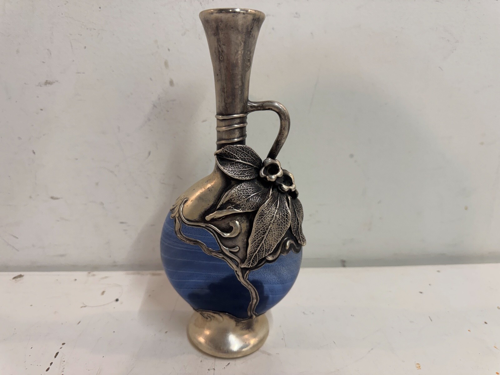 Vintage King Solomon Finds Israel Art Glass Pitcher with Silver Floral Dec.