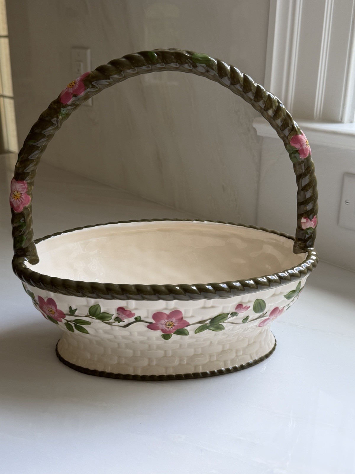 RARE Franciscan Desert Rose Basket Weave Handled floral Basket Hand Painted