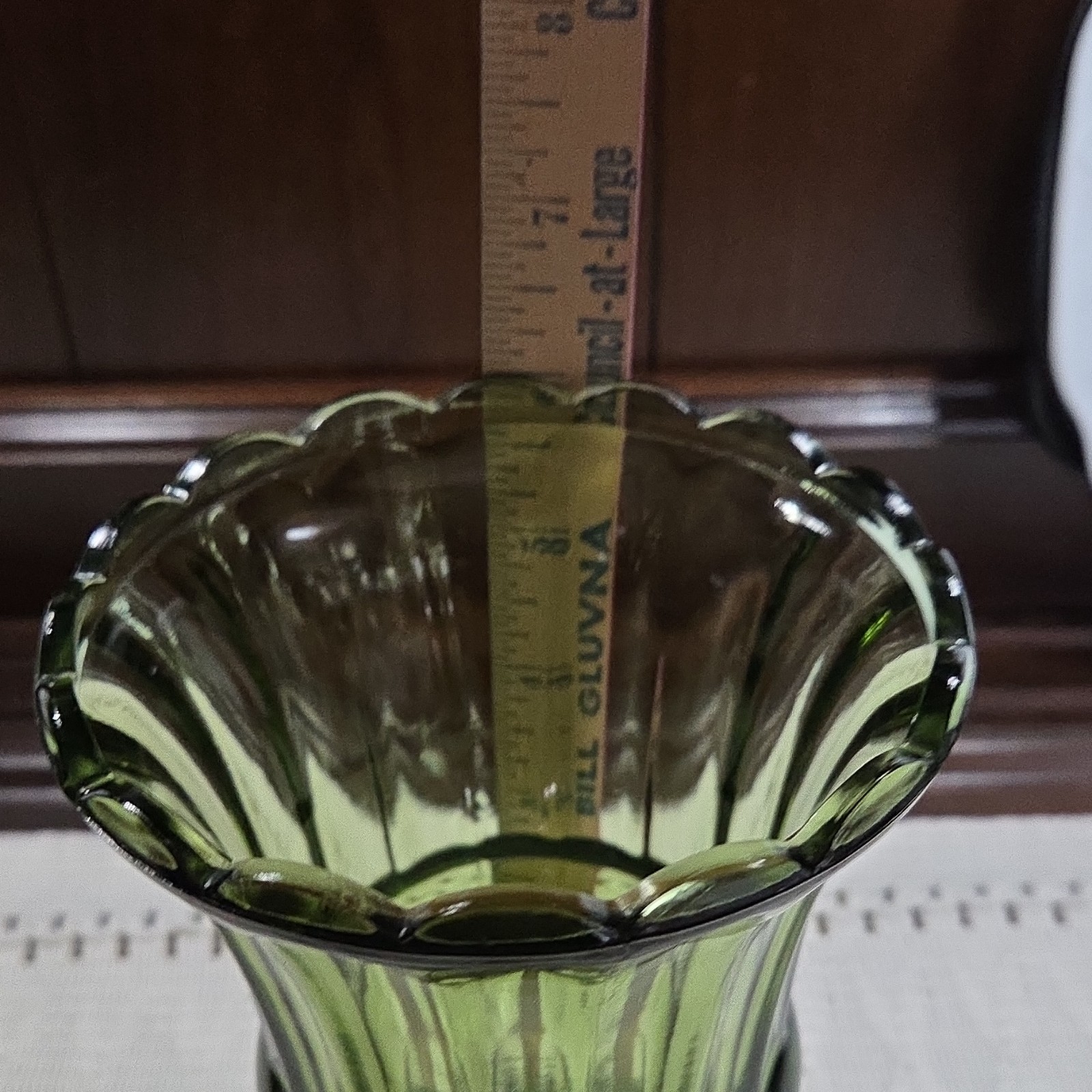 Vintage Green Glass Pedestal Vase Scalloped Rim Approx 6 in Tall 4 in Opening