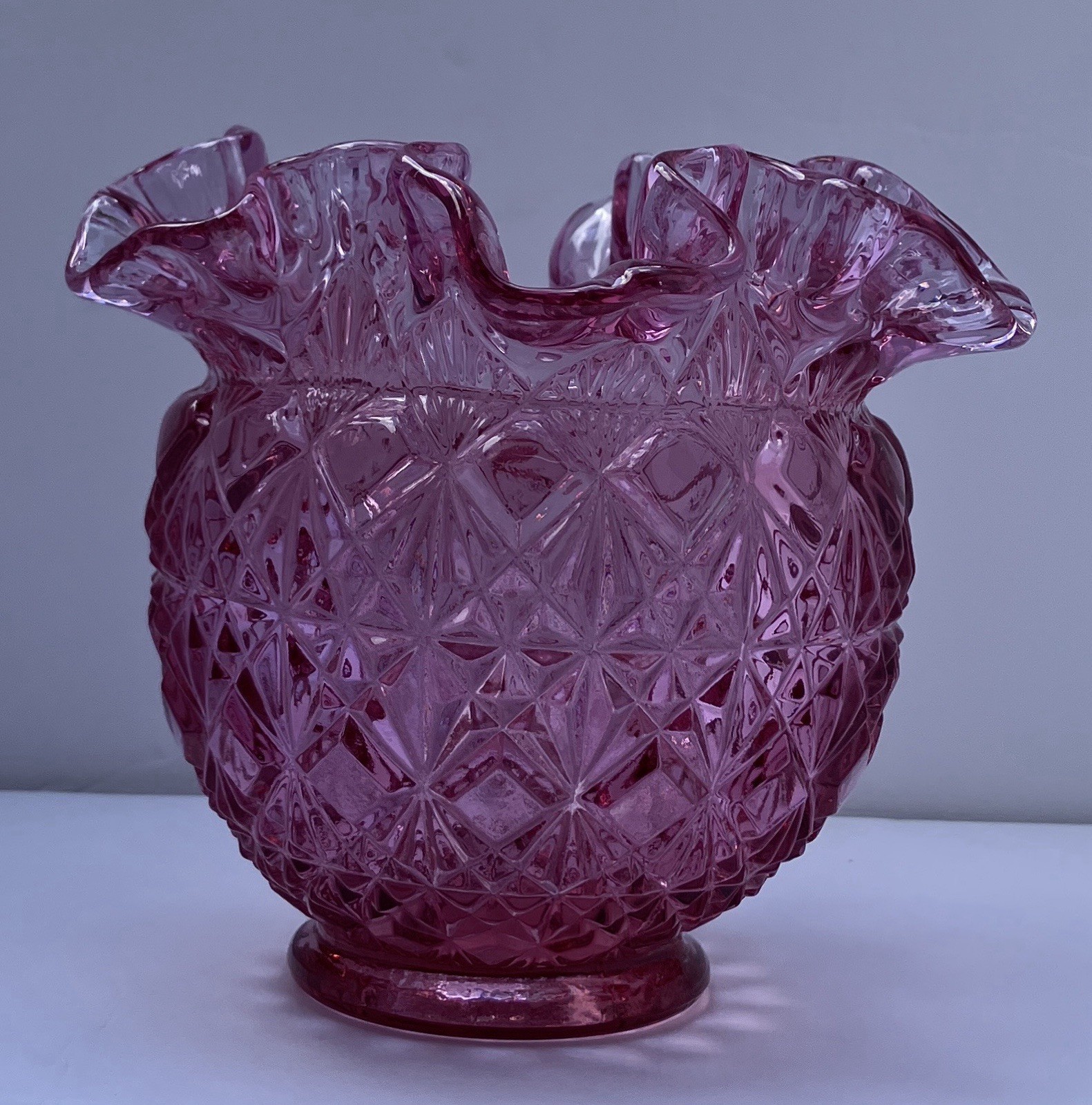 Fenton Glass Vase Vintage 1980’s Cranberry Ruffled Rim Diamond Star Pattern