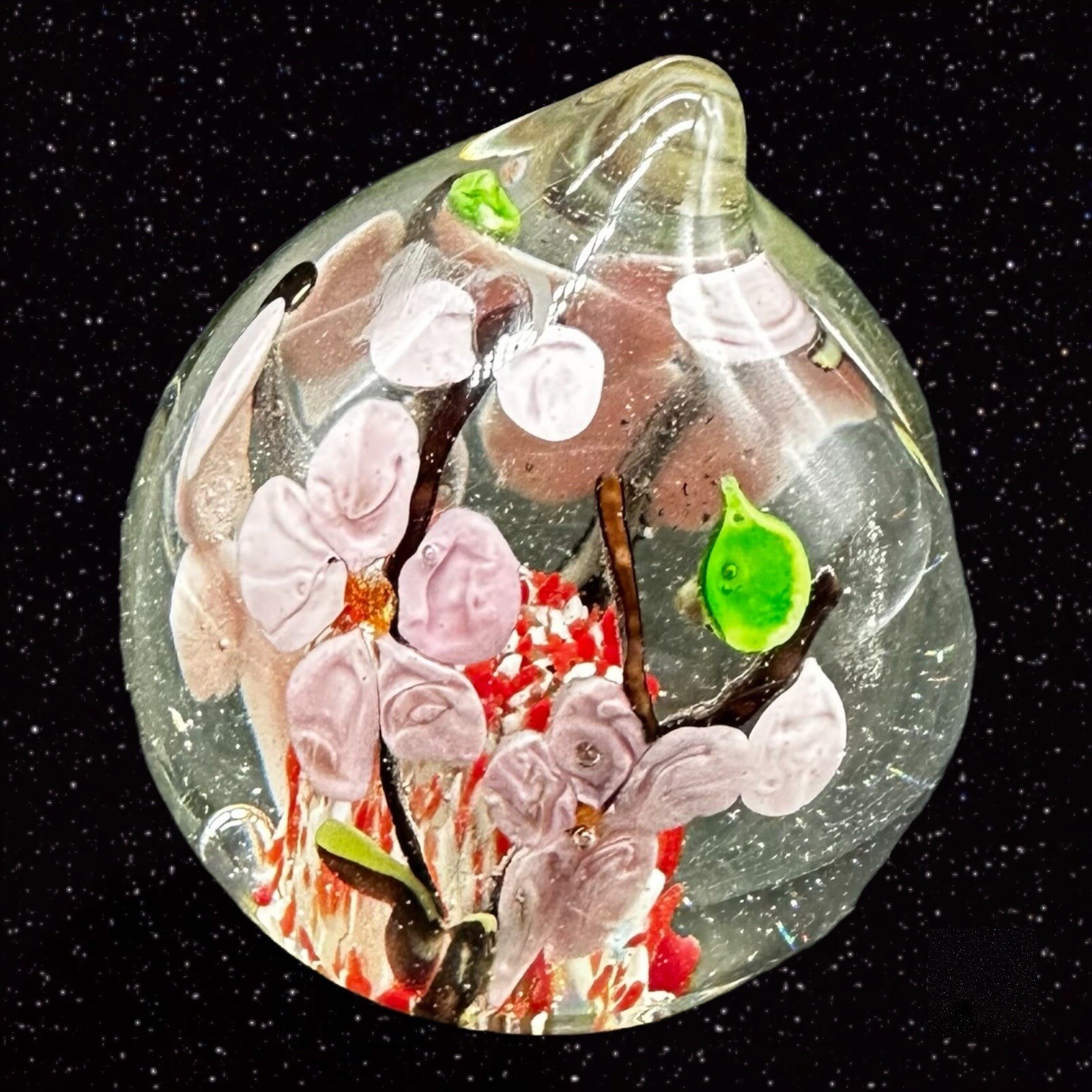 Czech Art Glass Peach Shaped Paperweight Cherry Blossom Tree Glass Orb Round 3”W