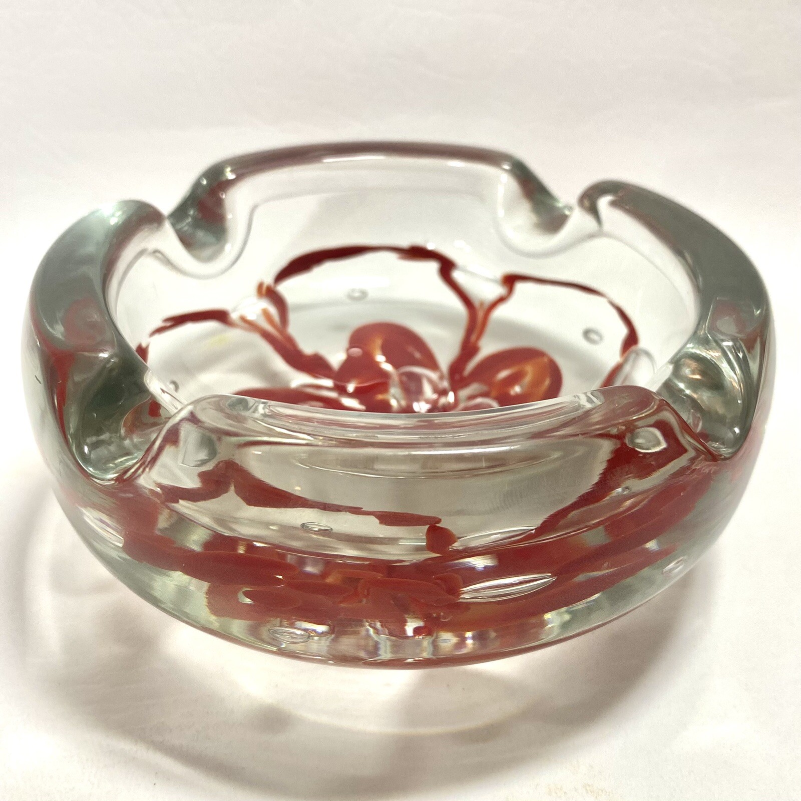 Vtg Murano Cigarette Cigar Ashtray Pipe Bowl Trinket Dish Red Swirl Art Glass