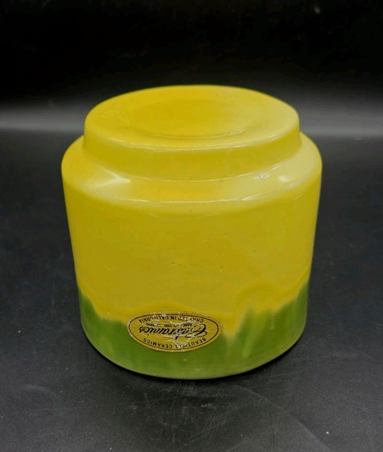 MCM Caleramics Bright Yellow & Green Drip Glaze Ceramic Round Planter 4¾x5½”