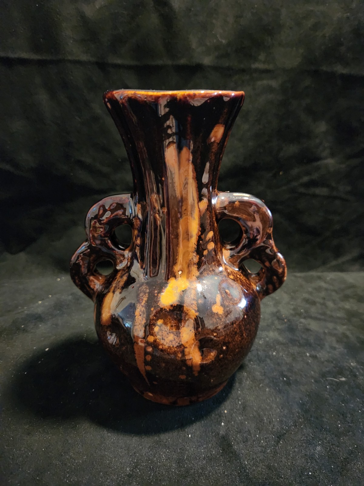 Vintage Sung Style Oil Spot Glazed 2 Handle Pottery Vase Chinese Handmade 8″