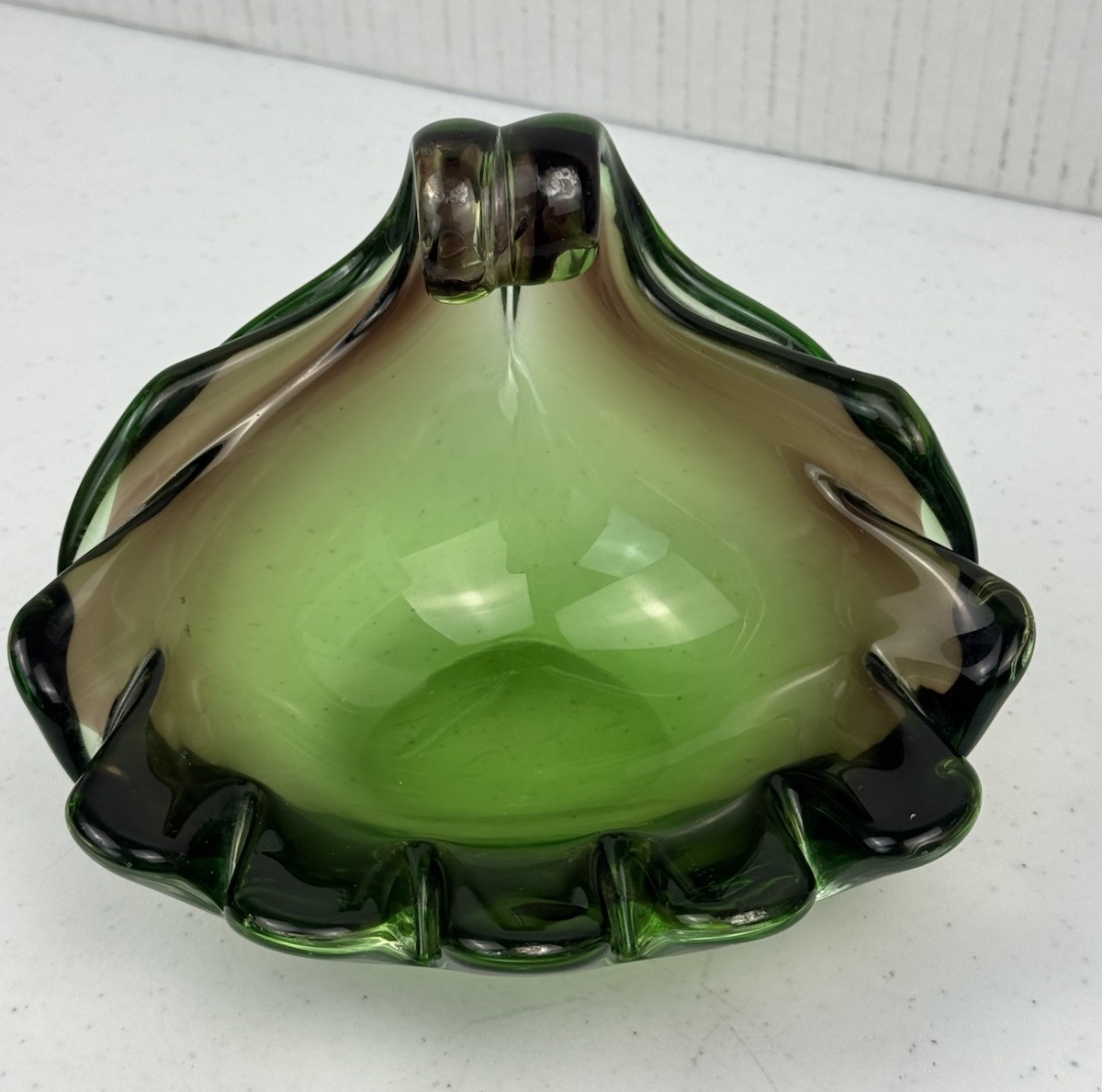 Vintage Murano Art Glass Green Amber Heavy Clamshell Ashtray