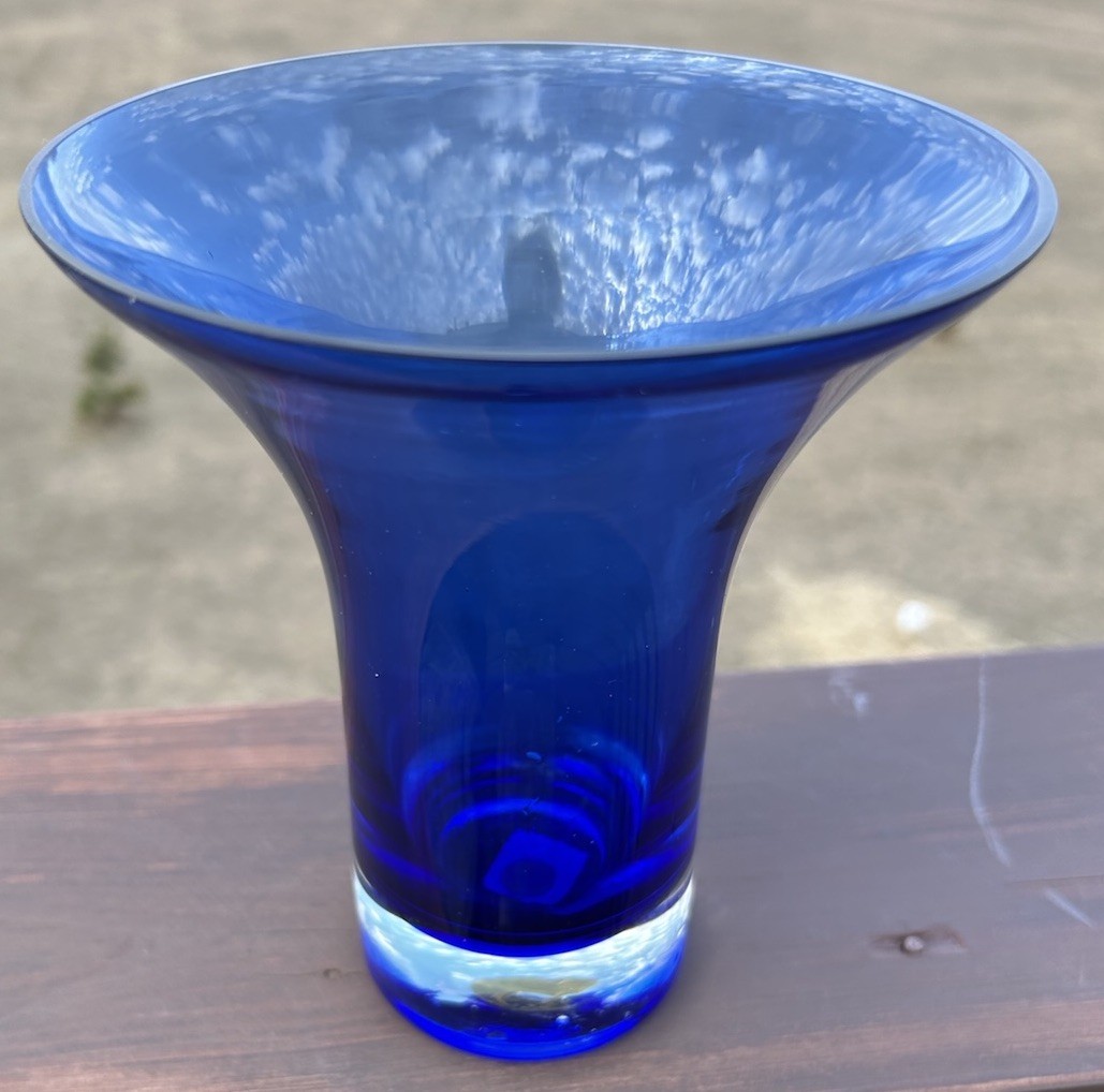 Cobalt Blue Glass Vase Clear Bottom Tapered 6 1/2” T X 5 1/2W T X 2 1/2”W B