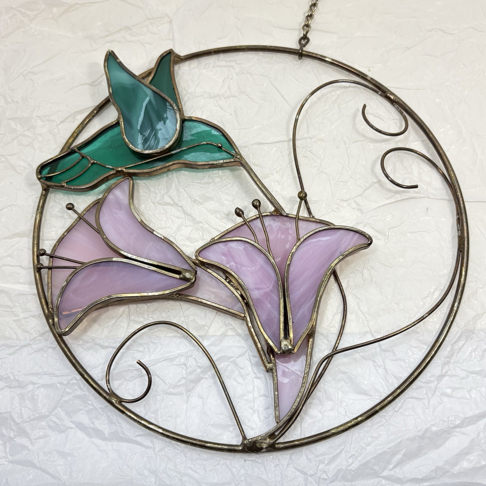 Handcrafted Stained Glass Hummingbird Pink Flower Ornament Round Panel 8.25″