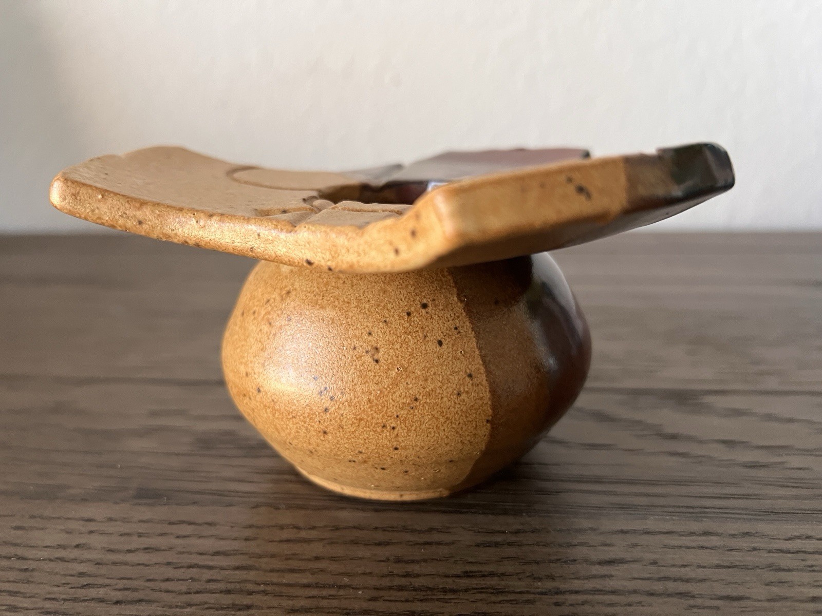 Vintage Studio Pottery Abstract Ikebana Vase with Flower Frog Artist Signed 3″ T