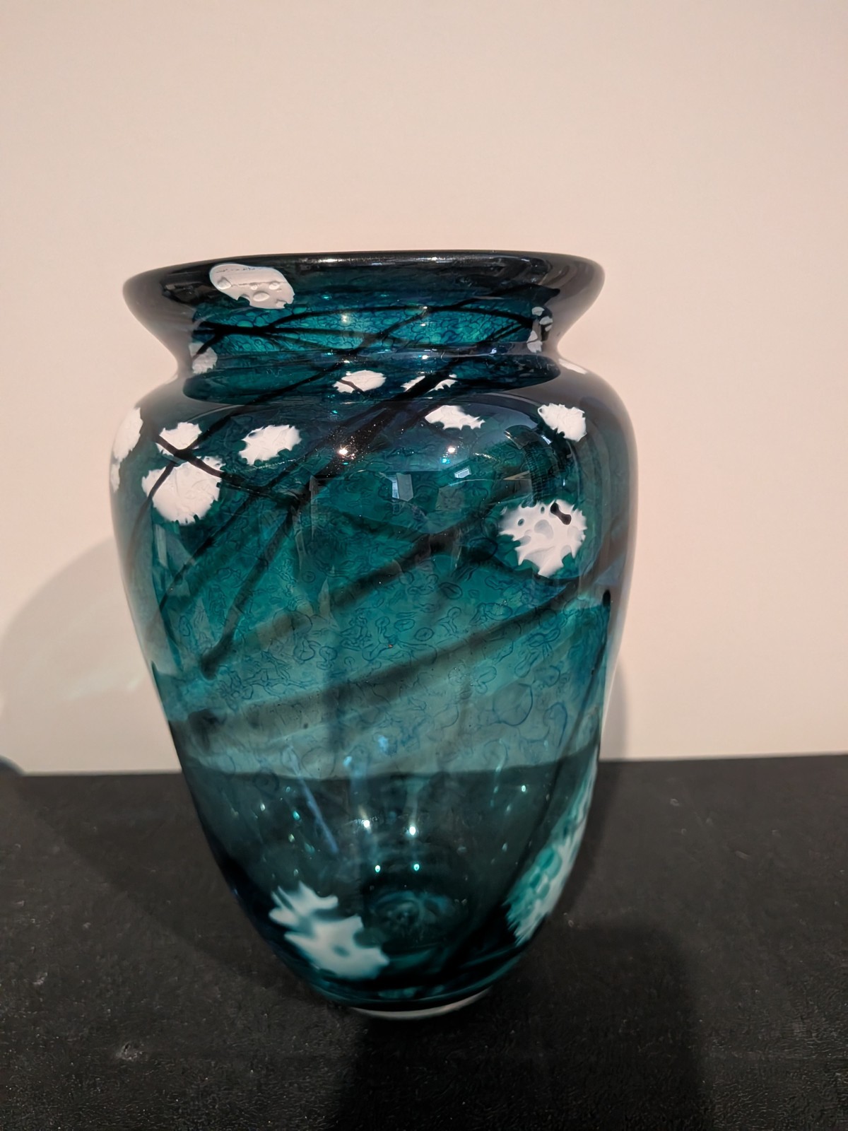 Hand Blown Studio Art Glass Vase Teal Blue Black Signed 7.5” Abstract