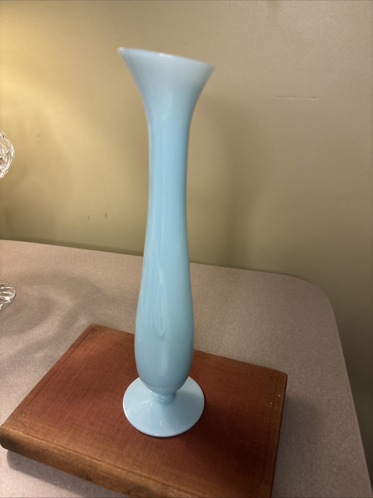 Vintage Mid Century Turquoise Blue Opaline Glass Bud Vase 10”