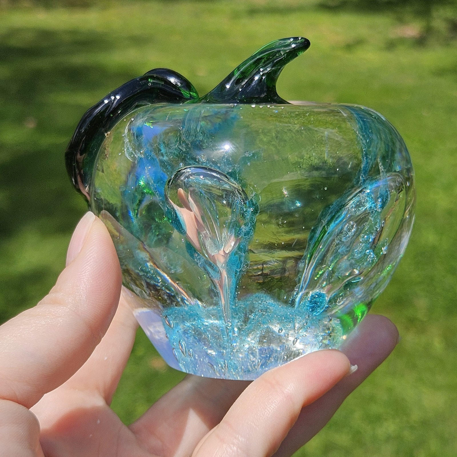 Glass Paperweight Clear And Blue Apple Green Stem Back To Schhpl Teacher Gift