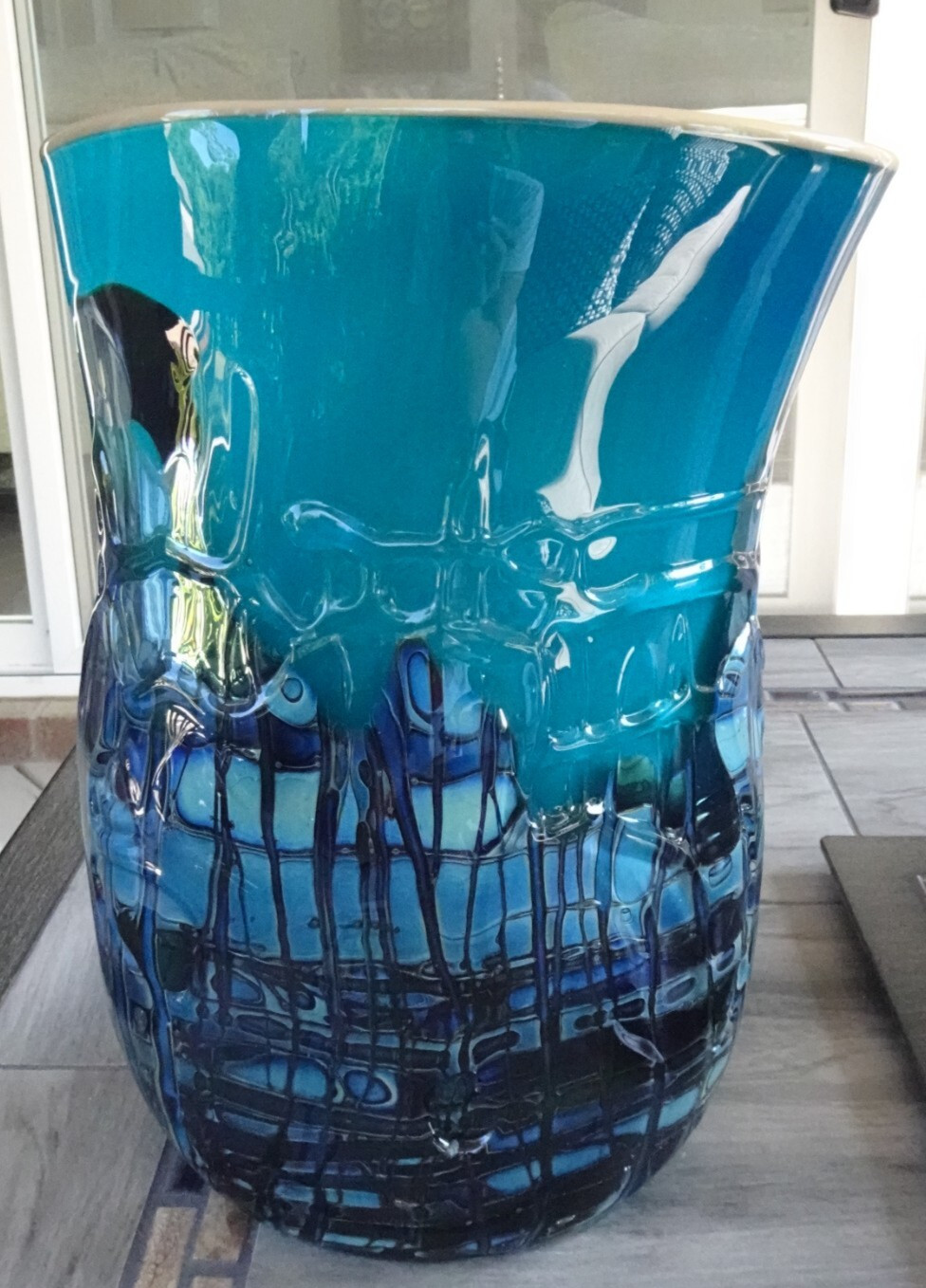 HEAVY! Large Signed 1997 BUMP Studio Art Glass Threaded Freeform Vase 10.5″