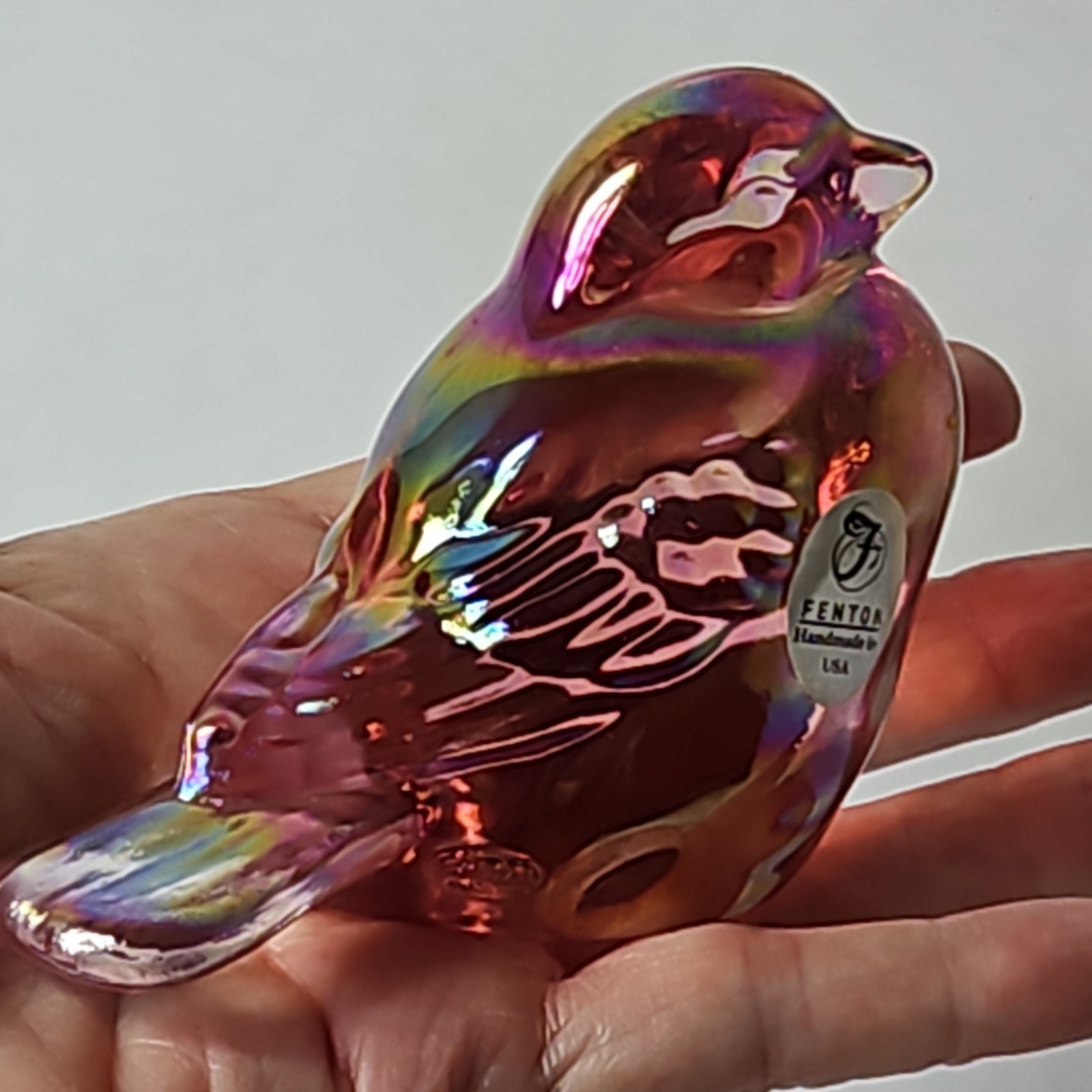 Vintage Fenton Pink Glass Irridescent Fat Bird Decorative Glass Figurine 1980s