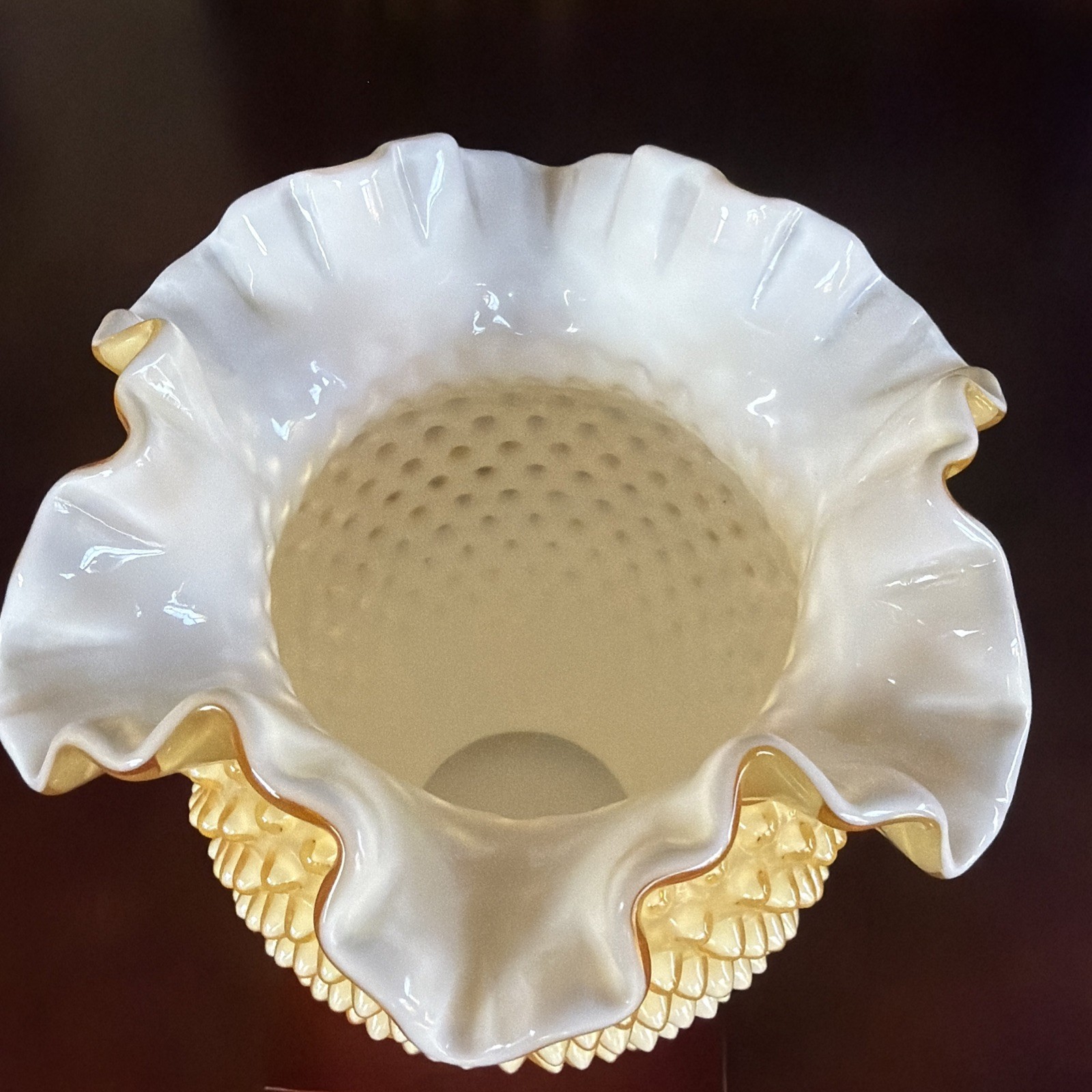 Rare Vintage Fenton Art Glass Honey Amber Ruffled Cased Hobnail Vase. 8” Ex Cond