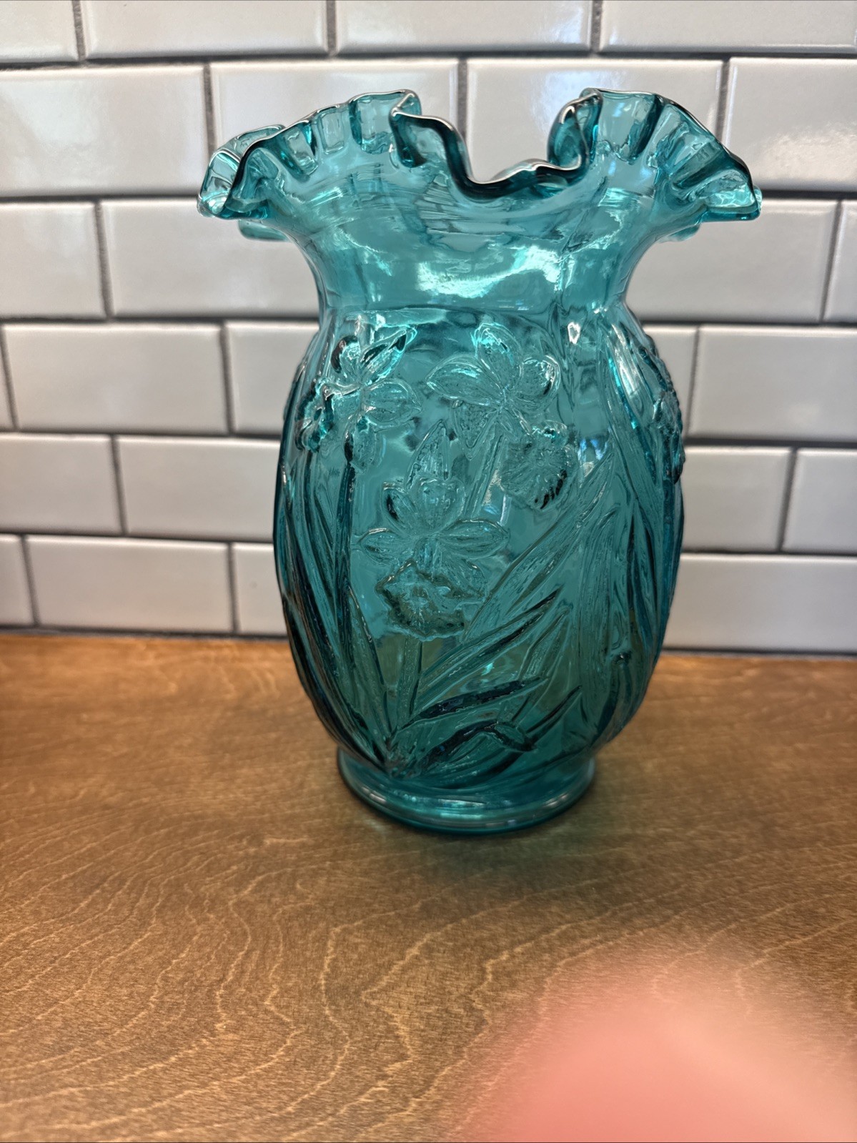 Fenton Art Glass Teal Daffodil Vase