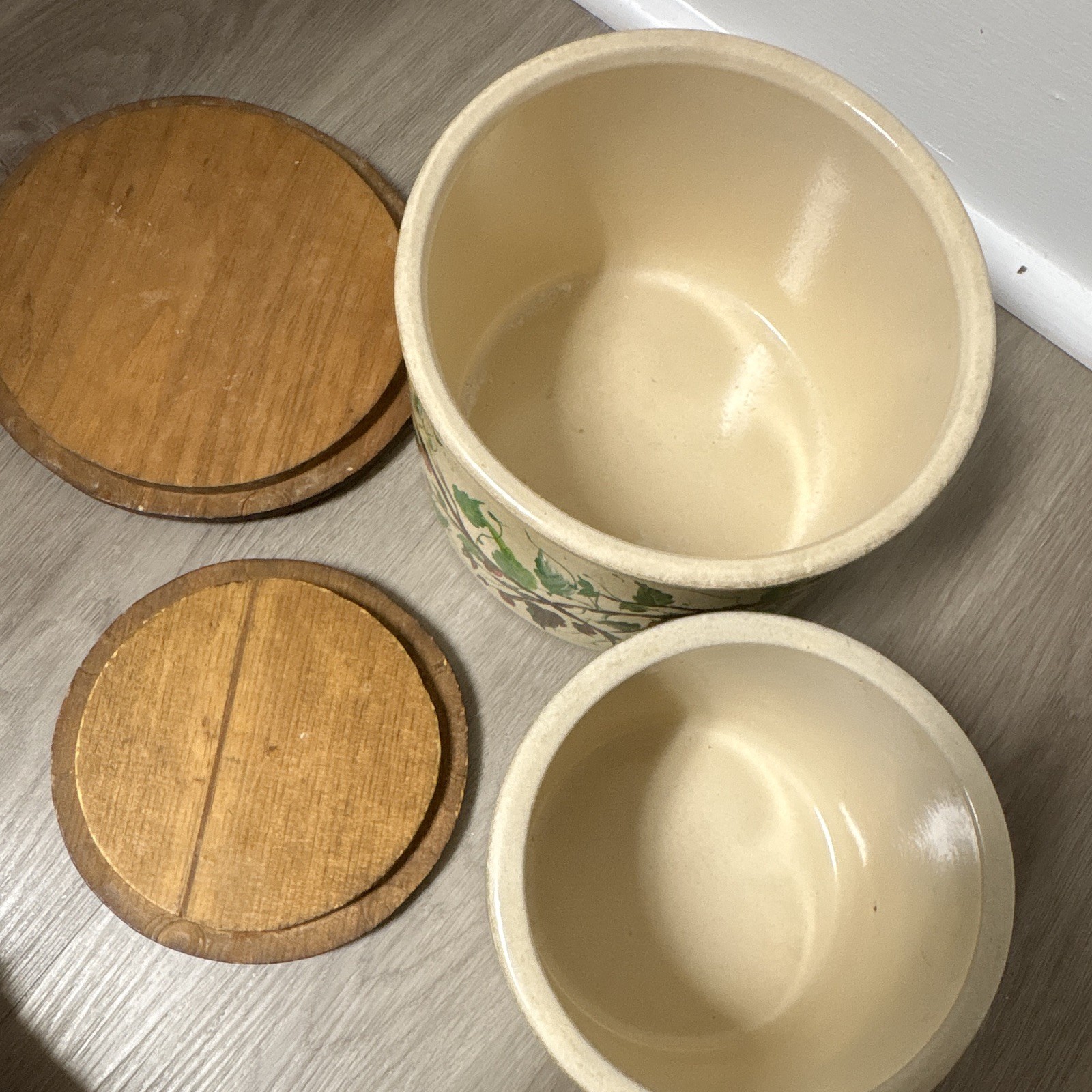 Robinson Ransbottom 2 Pc Canister Set 3 Qt & 1 Qt Oak Lid USA Pottery Crock