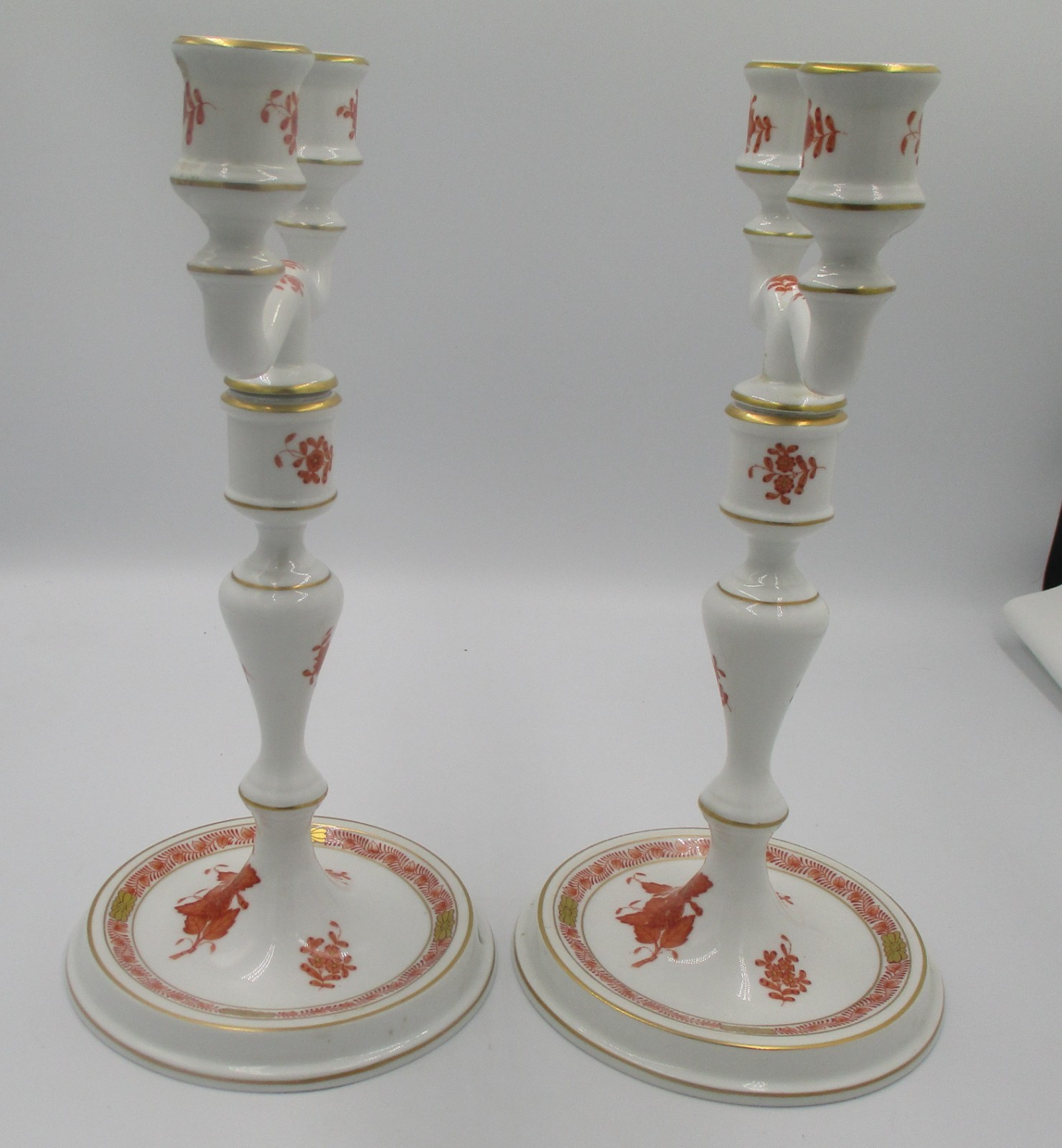Pair Herend Chinese Bouquet Rust Candlesticks with Two Different Arm Styles