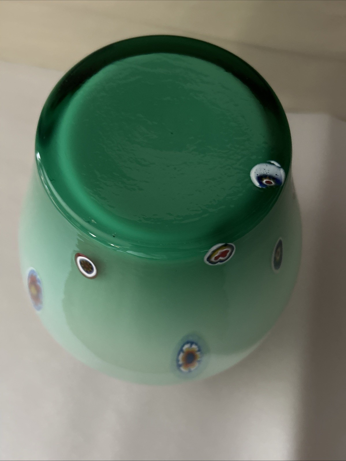Large Italian Millefiori Arte Murano Lavorazione Mint Green Cased Vase 10.25″