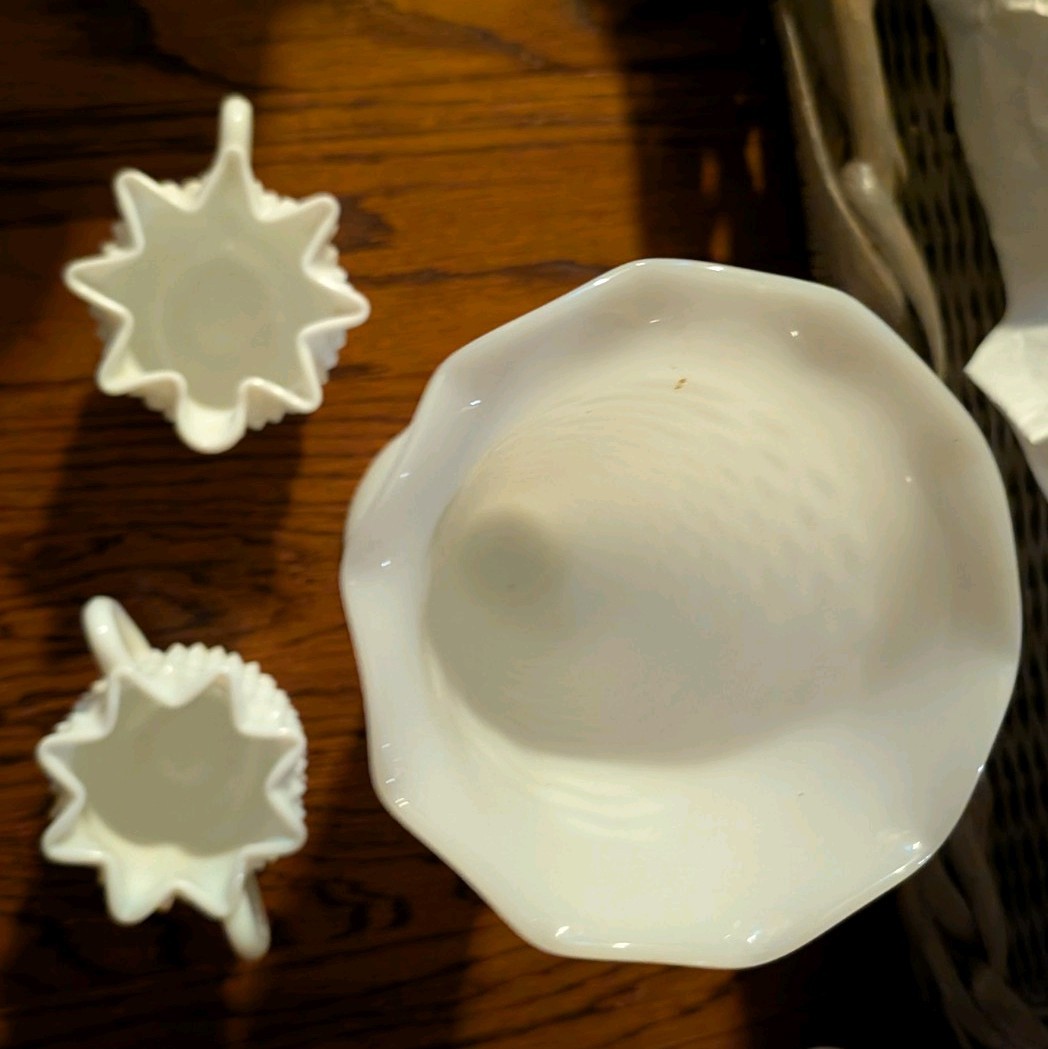 White Milk Glass Hobnail Vase And Creamers