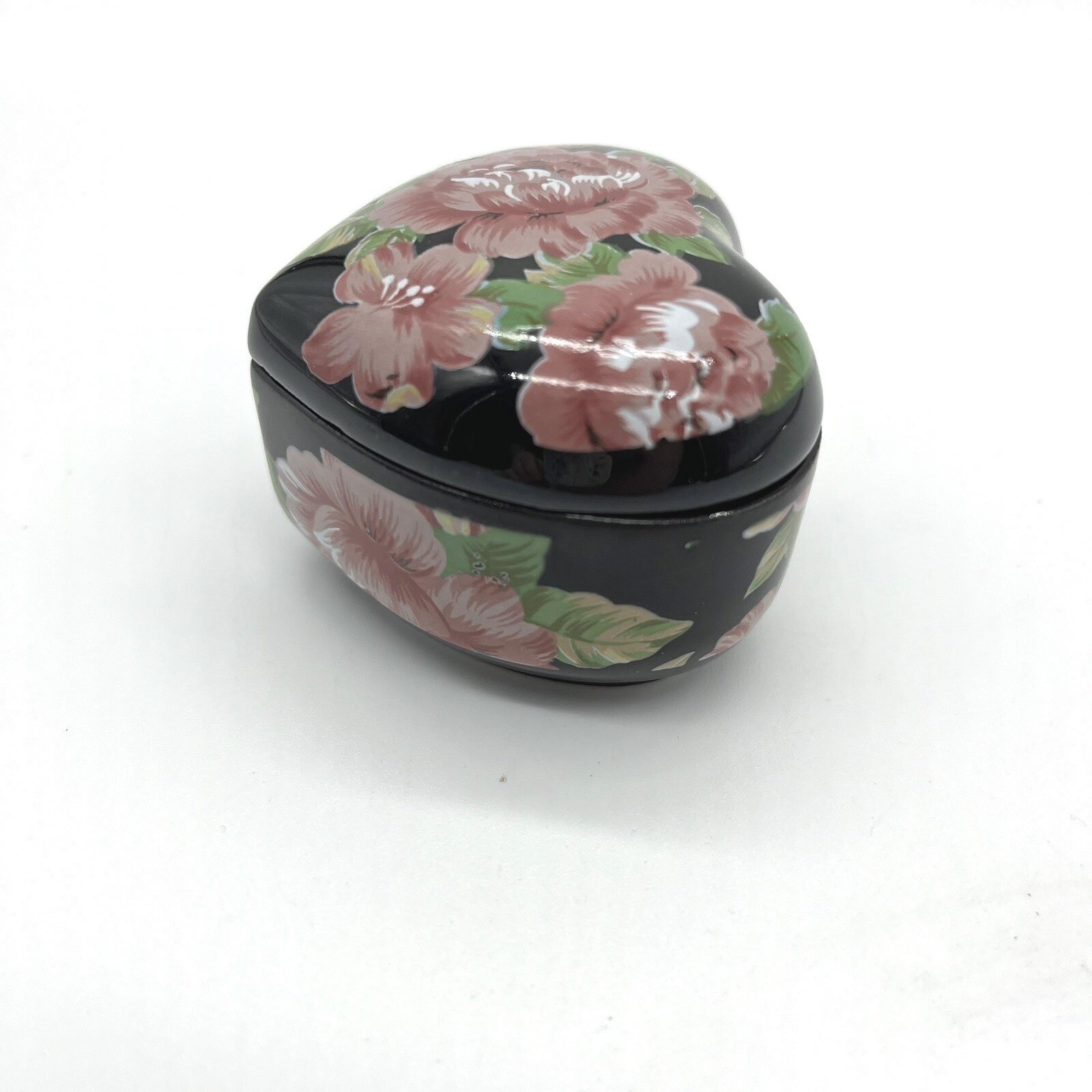 Otagiri Tavistock Floral Garden Heart Trinket Box Black Pink Roses Hinged Lid