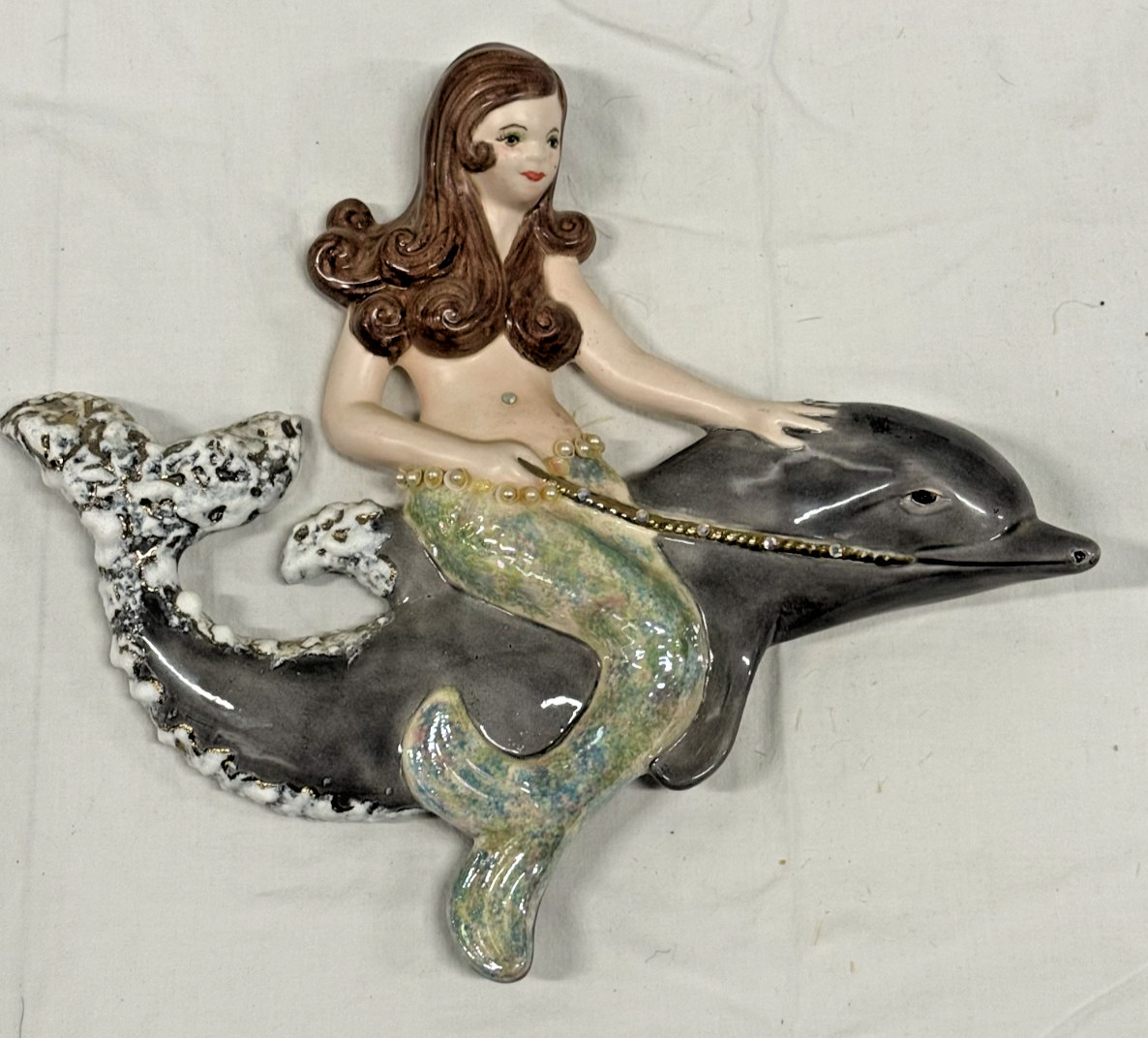 Vintage Large Atlantic Mold Mermaids Riding a Speckled Gray Dolphin, High Gloss