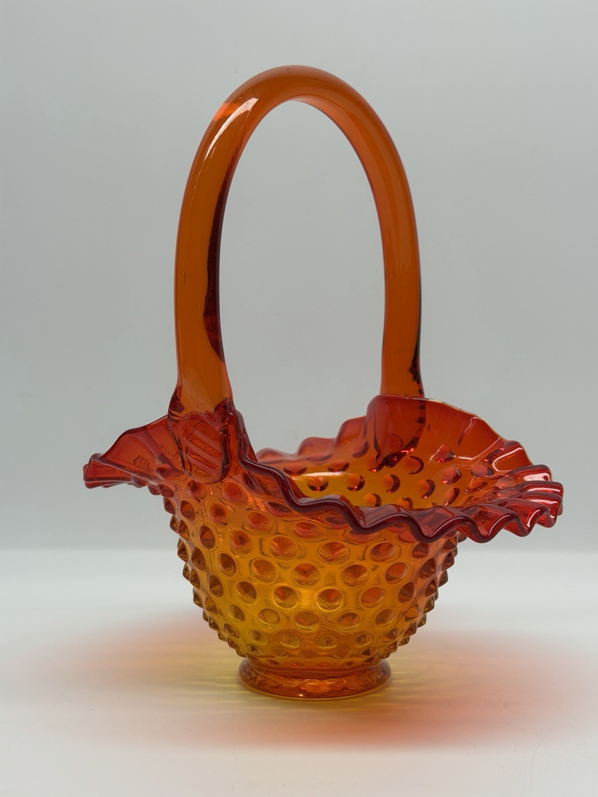 vintage Reddish Orange Amberina HOBNAIL Pattern GLASS BASKET ruffled wavy Fenton