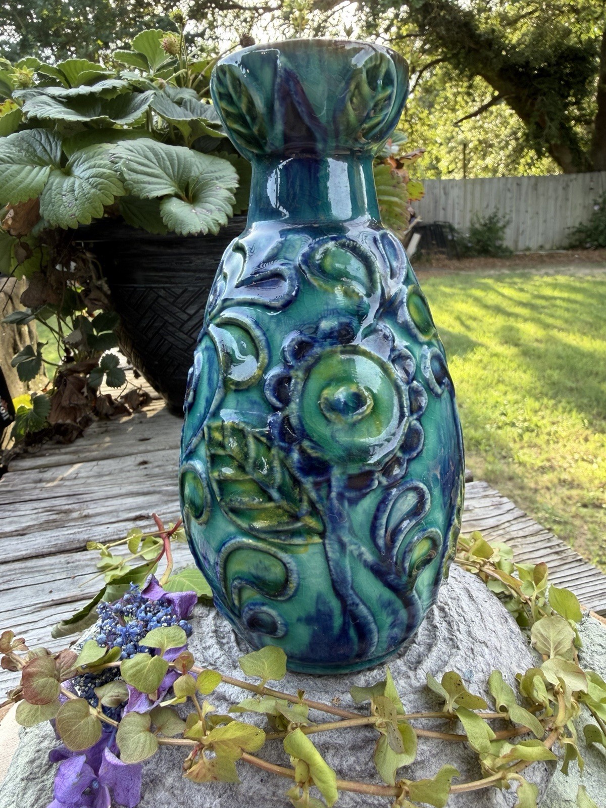 Vintage West German Pottery Vase Turquoise Blue Green Relief Floral Art Pottery