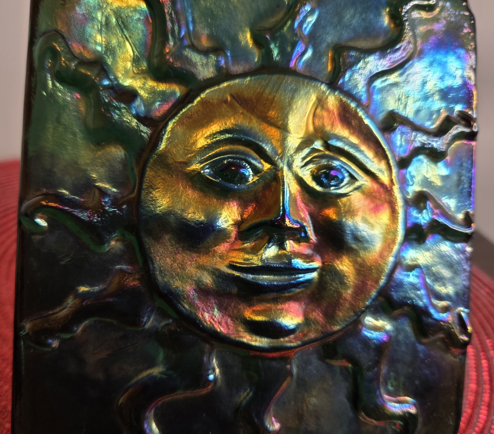 VINTAGE IRIDESCENT BLUE CARNIVAL SUN FACE ART GLASS TILE SIGNED JOHN COOK 2009